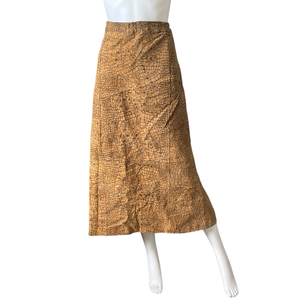 Vintage 90s Brown Suede Midi Skirt A Line Animal Print Womens Size Medium M